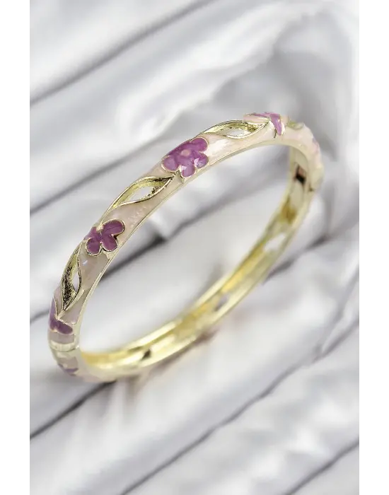 Mineli Pirinç Çiçek Motifli Gold Renk Kadın Kelepçe