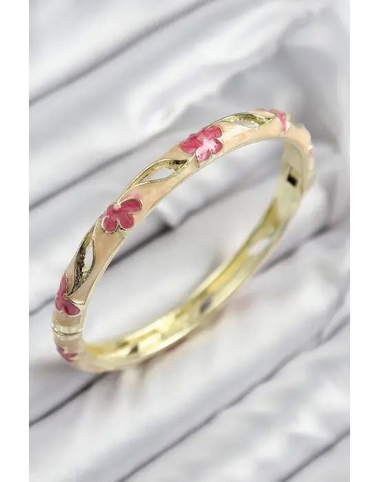 Mineli Pirinç Çiçek Motifli Gold Renk Kadın Kelepçe