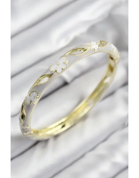 Mineli Pirinç Çiçek Motifli Gold Renk Kadın Kelepçe