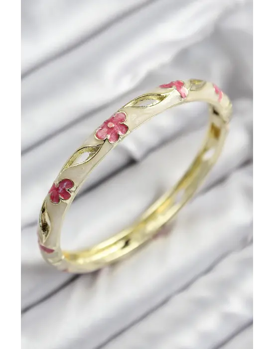 Mineli Pirinç Çiçek Motifli Gold Renk Kadın Kelepçe