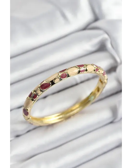 Mineli Çelik Fuşya Ve Krem Petek Motifli Gold Renk Kadın Kelepçe