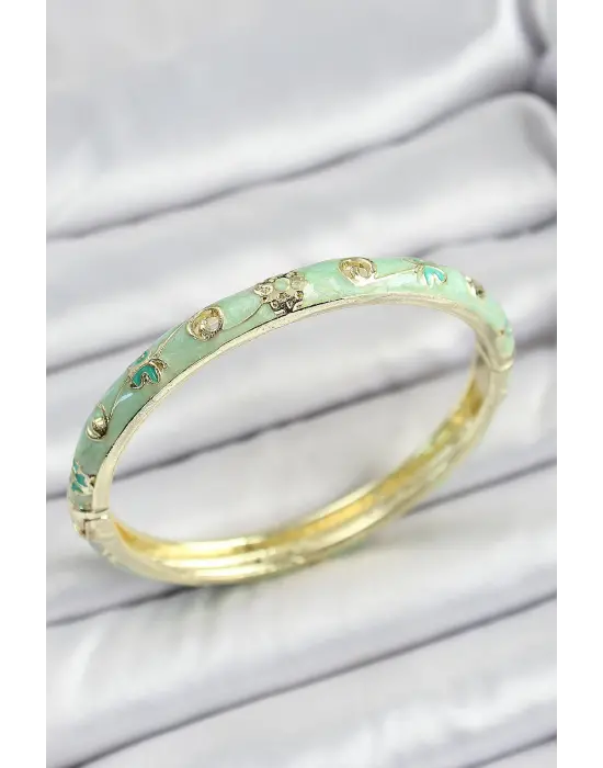 Mineli Pirinç Gold Renk Açık Yeşil Motif Desenli Kadın Kelepçe