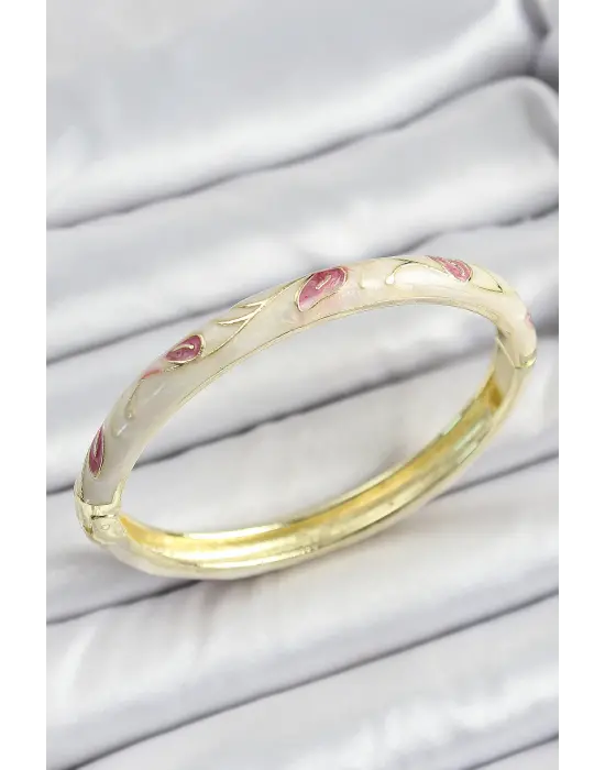 Mineli Çelik Gold Renk Krem Çiçek Motifli Kadın Kelepçe