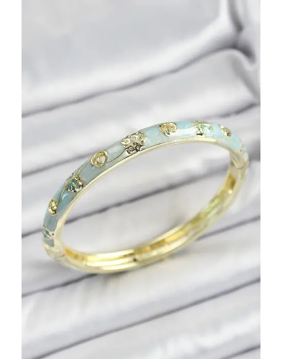 Mineli Pirinç Gold Renk Mavi Renk Motifli Kadın Kelepçe