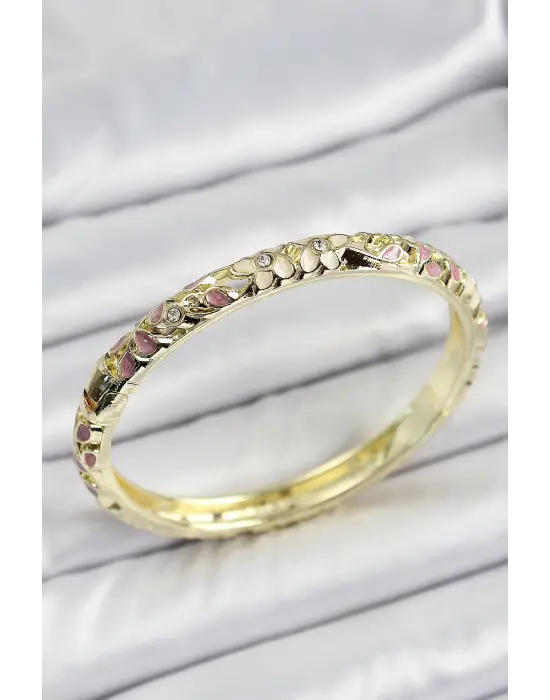 Mineli Çelik Gold Renk Pembe Çiçek Desen Motifli Kadın Kelepçe