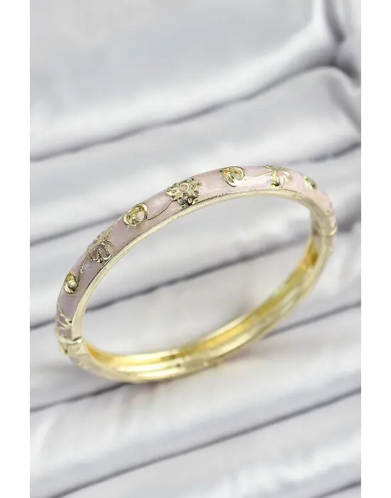 Mineli Çelik Gold Renk Pembe Renk Motifli Kadın Kelepçe
