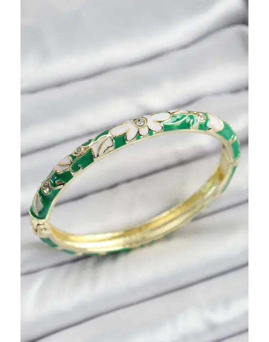 Mineli Pirinç Gold Renk Yeşil Çiçek Desen Motifli Kadın Kelepçe