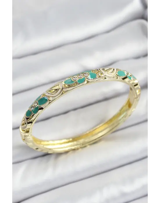 Mineli Pirinç Gold Renk Yeşil Çiçek Desenli Kadın Kelepçe