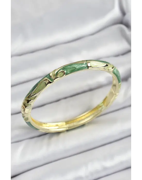 Mineli Pirinç Gold Renk Yeşil Çiçek Motifli Kadın Kelepçe