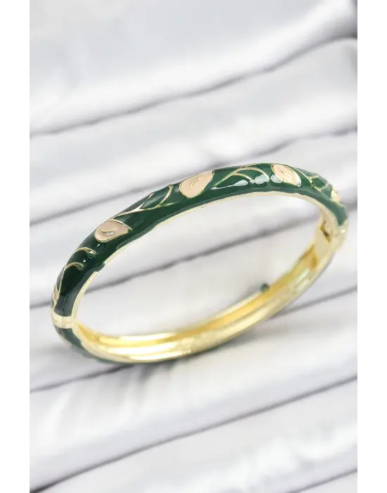 Mineli Çelik Gold Renk Yeşil Çiçek Motifli Kadın Kelepçe