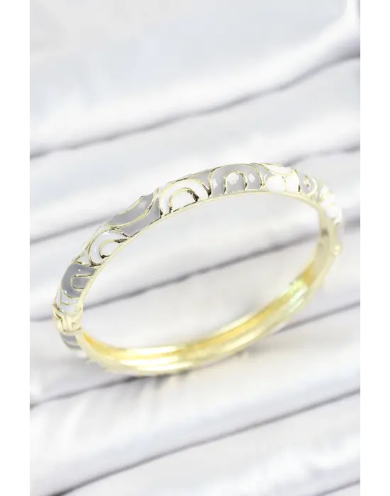 Mineli Pirinç Gri Beyaz Sarmal Desenli Gold Renk Kadın Kelepçe