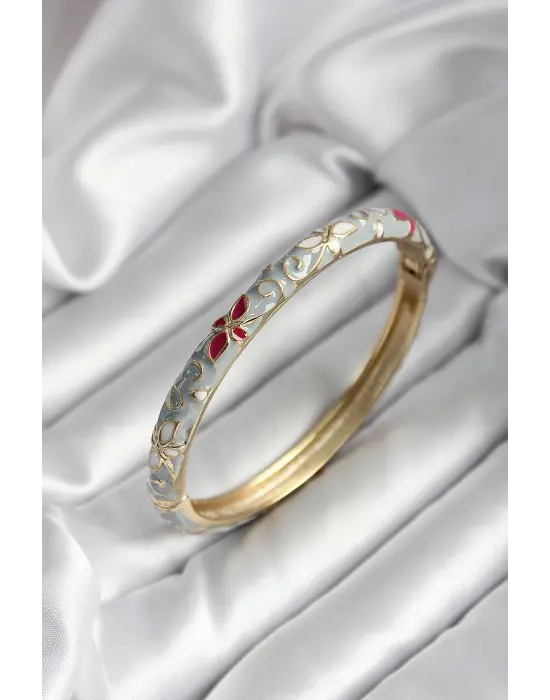 Mineli Pirinç Gri Çiçek Desenli Gold Renk Kadın Kelepçe