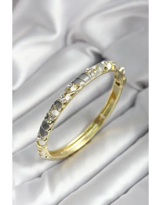 Mineli Pirinç Gri Çiçek Desenli Gold Renk Kadın Kelepçe