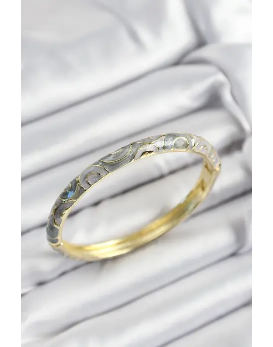 Mineli Çelik Gri Sarmal Motifli Gold Renk Kadın Kelepçe