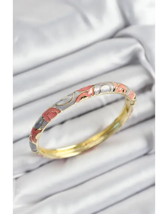 Mineli Çelik Gri Ve Pembe Sarmal Motifli Gold Renk Kadın Kelepçe