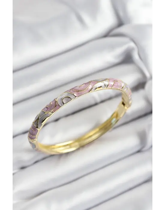 Mineli Çelik Gri Ve Pembe Sarmal Motifli Gold Renk Kadın Kelepçe