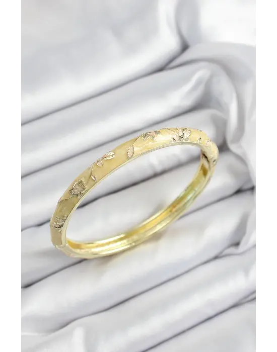 Mineli Pirinç Hardal Çiçek Motifli Gold Renk Kadın Kelepçe