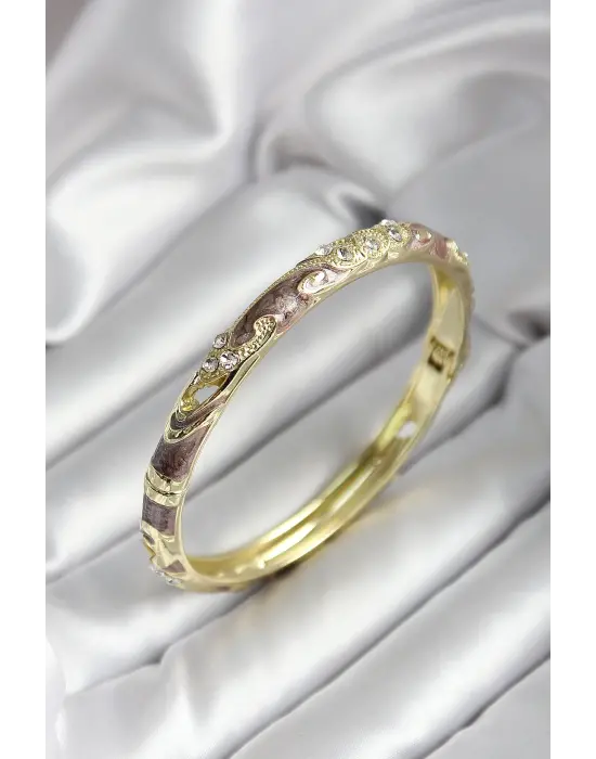 Mineli Pirinç Kahverengi Çiçek Desenli Zirkon Taşlı Gold Renk Kadın Kelepçe