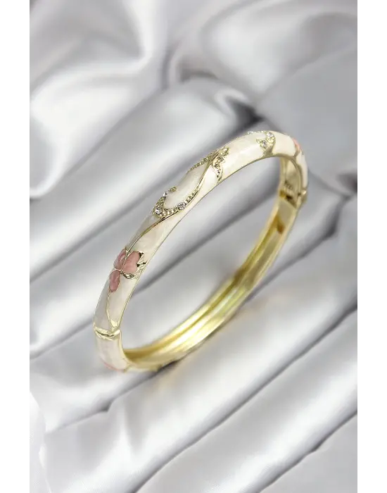 Mineli Pirinç Kırık Beyaz Çiçek Desenli Zirkon Taşlı Gold Renk Kadın Kelepçe