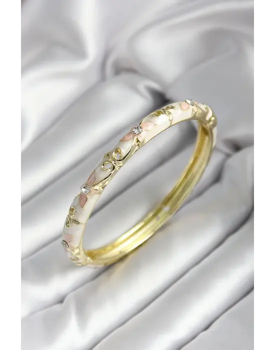 Mineli Pirinç Kırık Beyaz Çiçek Desenli Zirkon Taşlı Gold Renk Kadın Kelepçe