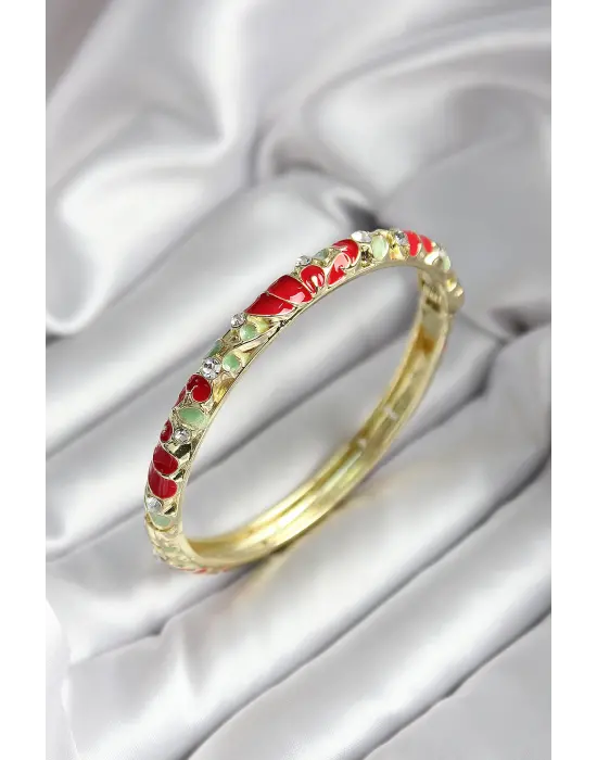 Mineli Pirinç Kırmızı Çiçek Desenli Gold Renk Kadın Kelepçe