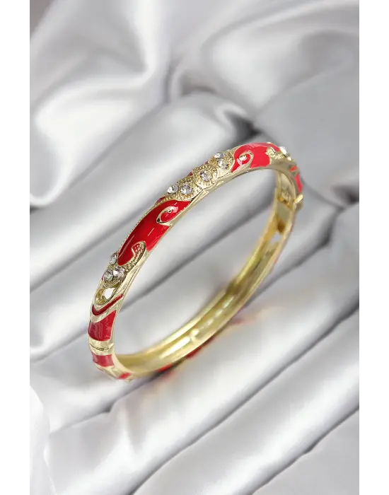 Mineli Pirinç Kırmızı Çiçek Desenli Zirkon Taşlı Gold Renk Kadın Kelepçe