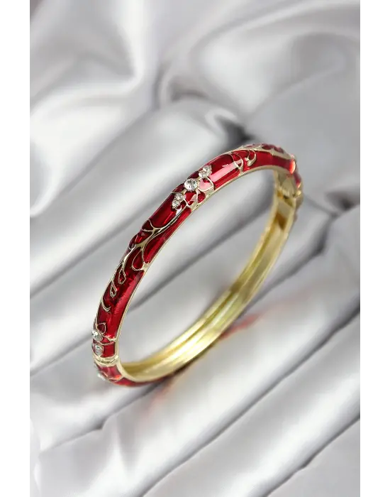 Mineli Pirinç Kırmızı Çiçek Desenli Zirkon Taşlı Gold Renk Kadın Kelepçe