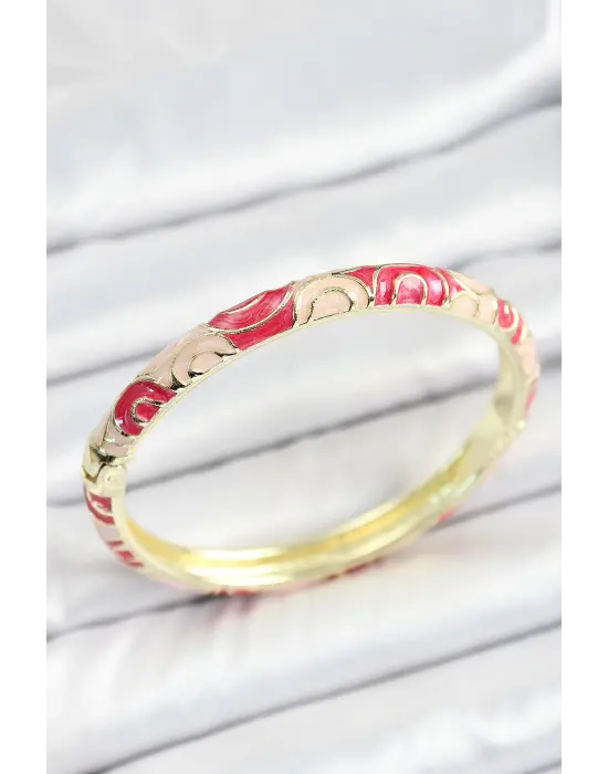 Mineli Pirinç Kırmızı Pembe Sarmal Desenli Gold Renk Kadın Kelepçe