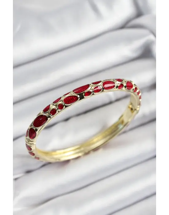 Mineli Çelik Kırmızı Petek Motifli Gold Renk Kadın Kelepçe