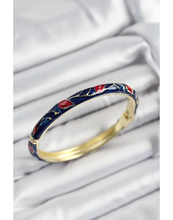 Mineli Çelik Kırmızı ve Lacivert Yaprak Motifli Gold Renk Kadın Kelepçe