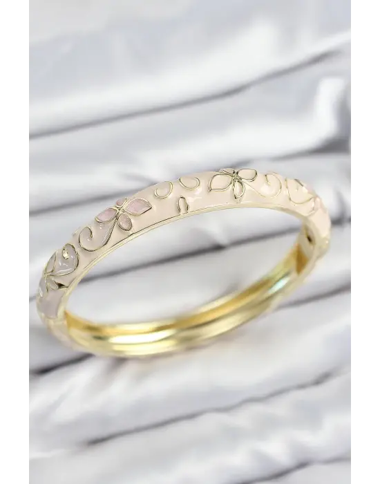 Mineli Çelik Krem Çiçek Motifli Gold Kadın Kelepçe