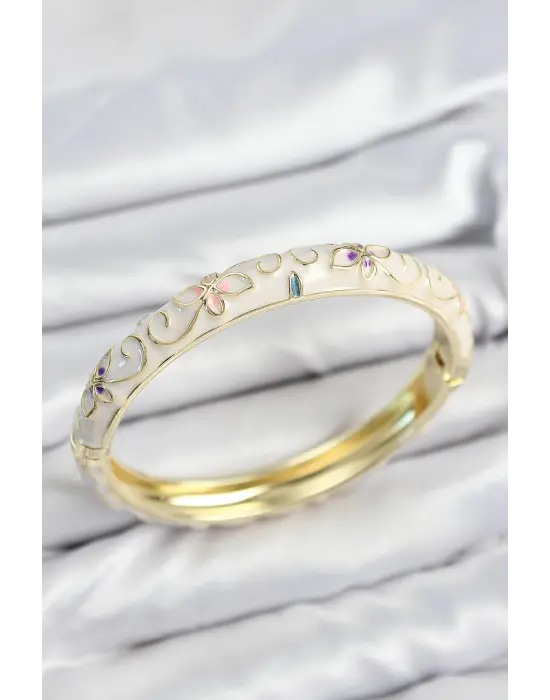 Mineli Çelik Krem Çiçek Motifli Gold Kadın Kelepçe