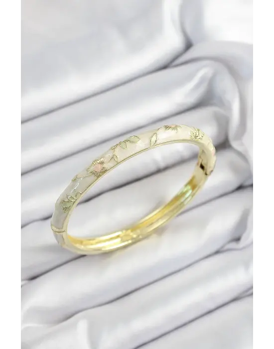 Mineli Pirinç Krem Çiçek Motifli Gold Renk Kadın Kelepçe