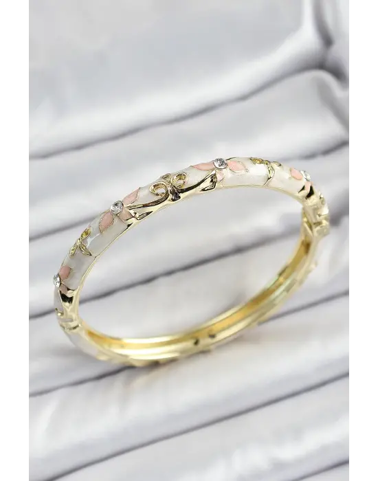 Mineli Pirinç Krem Çiçek Motifli Kadın Kelepçe