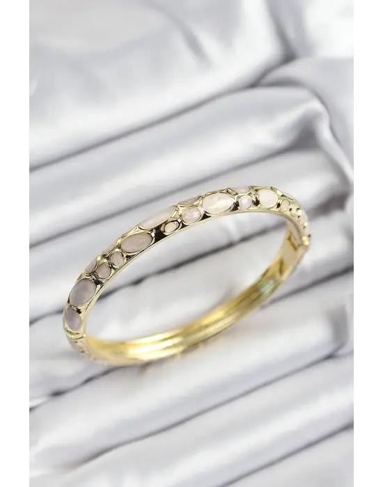 Mineli Çelik Krem Petek Motifli Gold Renk Kadın Kelepçe