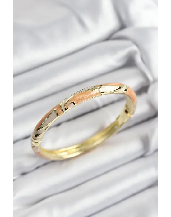 Mineli Çelik Krem Ve Turuncu Mermer Motifli Gold Renk Kadın Kelepçe