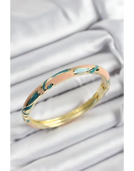 Mineli Çelik Krem Ve Yeşil Mermer Motifli Gold Renk Kadın Kelepçe