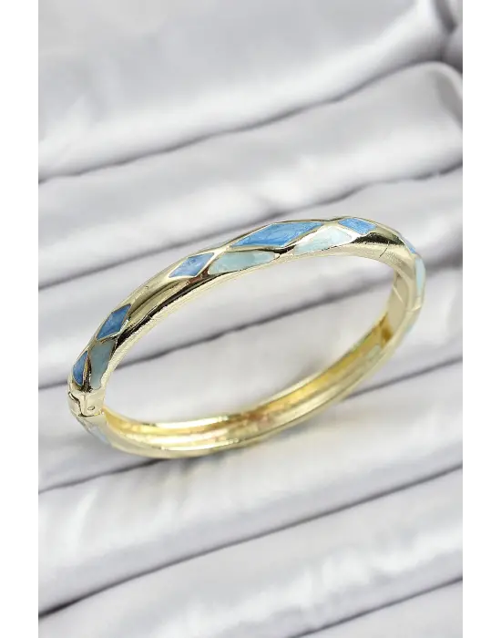 Mineli Pirinç Mavi Baklava Desenli Gold Renk Kadın Kelepçe