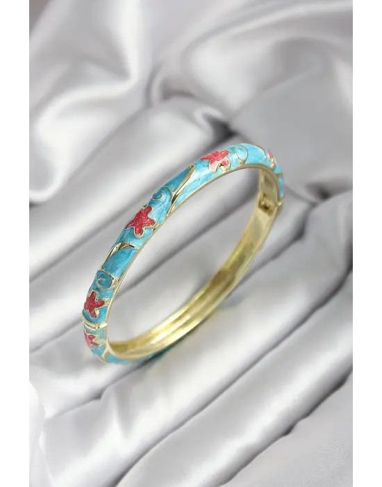 Mineli Pirinç Mavi Çiçek Desenli Gold Renk Kadın Kelepçe (çap 60 mm)