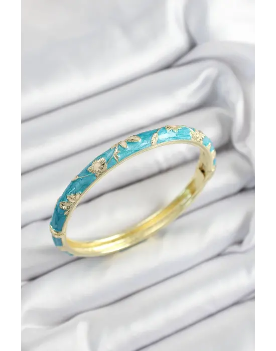 Mineli Pirinç Mavi Çiçek Motifli Gold Renk Kadın Kelepçe