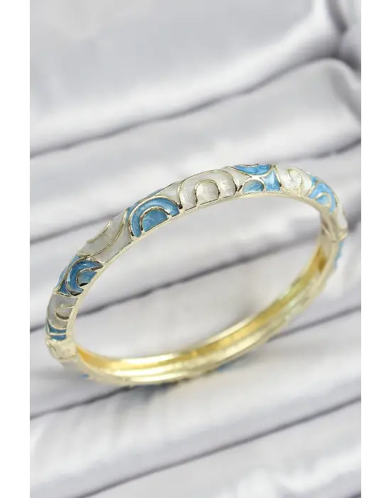 Mineli Pirinç Mavi Geometrik Desenli Kadın Kelepçe