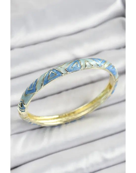 Mineli Pirinç Mavi Geometrik Desenli Kadın Kelepçe