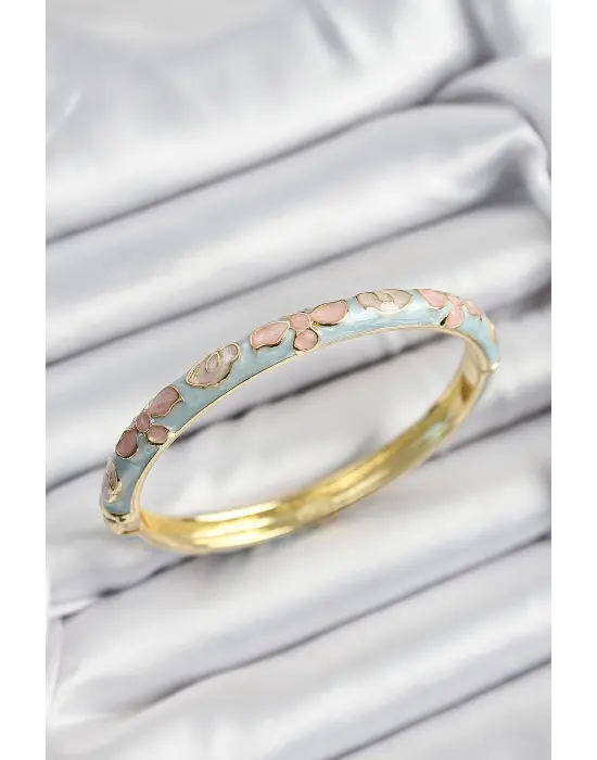 Mineli Çelik Mavi Ve Pembe Çiçek Motifli Gold Renk Kadın Kelepçe
