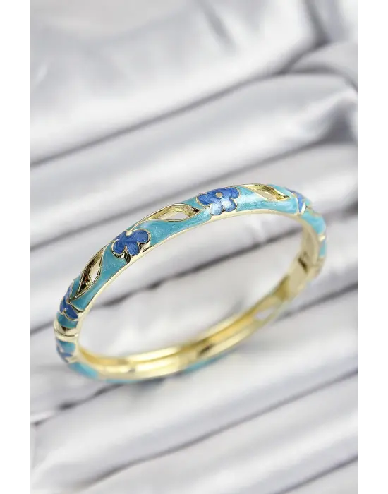 Mineli Çelik Mavi Ve Turkuaz Çiçek Motifli Gold Renk Kadın Kelepçe