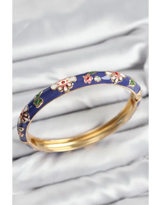 Mineli Pirinç Mor Çiçek Motifli Gold Kadın Kelepçe