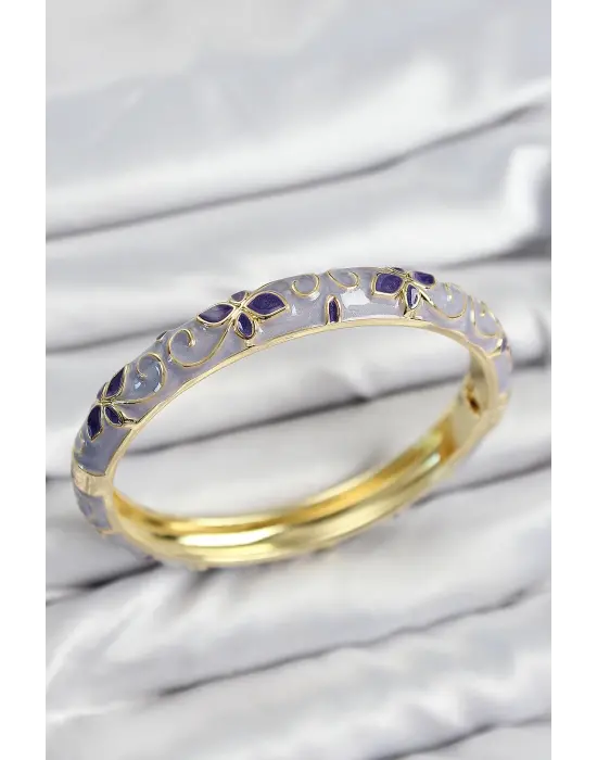 Mineli Çelik Mor Çiçek Motifli Gold Kadın Kelepçe