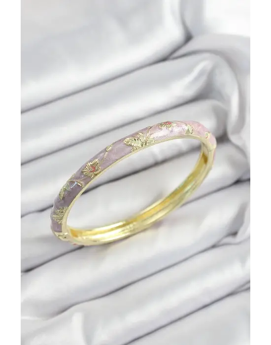 Mineli Pirinç Mor Çiçek Motifli Gold Renk Kadın Kelepçe