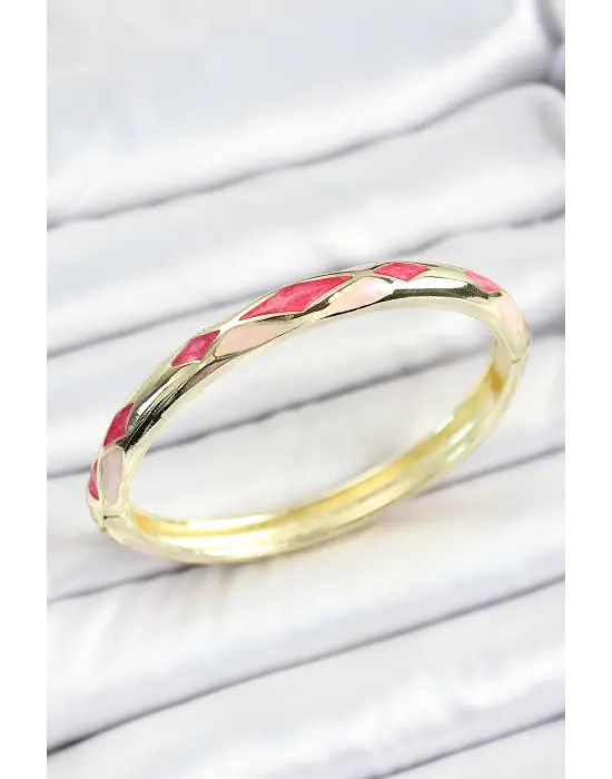 Mineli Pirinç Pembe Baklava Desenli Gold Renk Kadın Kelepçe