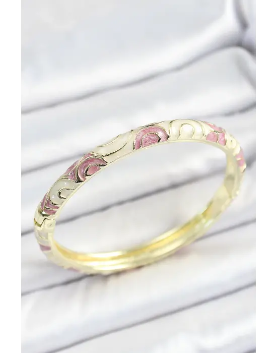 Mineli Pirinç Pembe Bej Sarmal Desenli Gold Renk Kadın Kelepçe