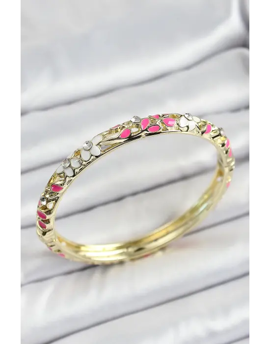 Mineli Çelik Pembe Beyaz Çiçek Motifli Kadın Kelepçe